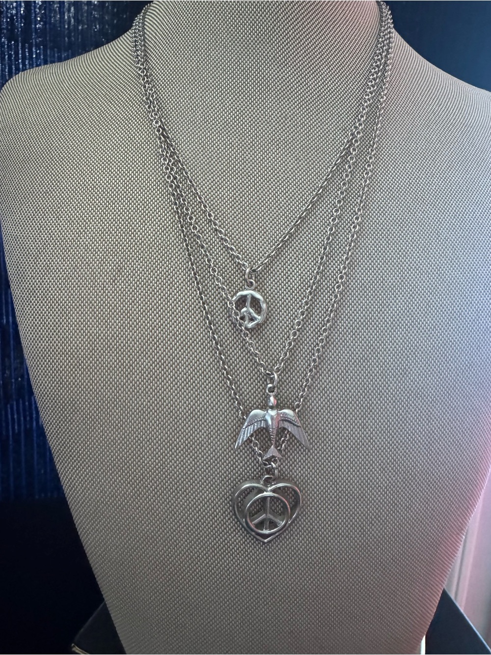Layered Silver Peace & Heart Pendant Necklace - Women